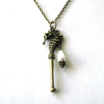 Bronze seahorse with white teardrop pearl necklace jewelry
