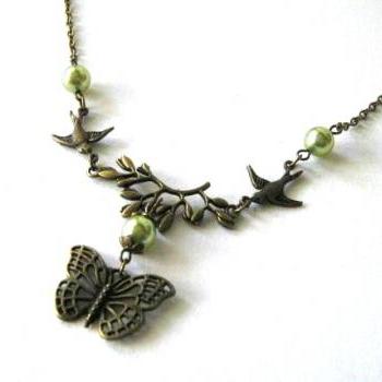 Bronze sparrows and butterfly necklace jewelry with light olive green pearls